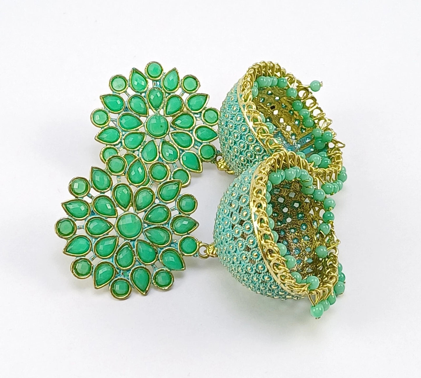 Vintage Gold-Plated Sea Green Ethnic Earrings