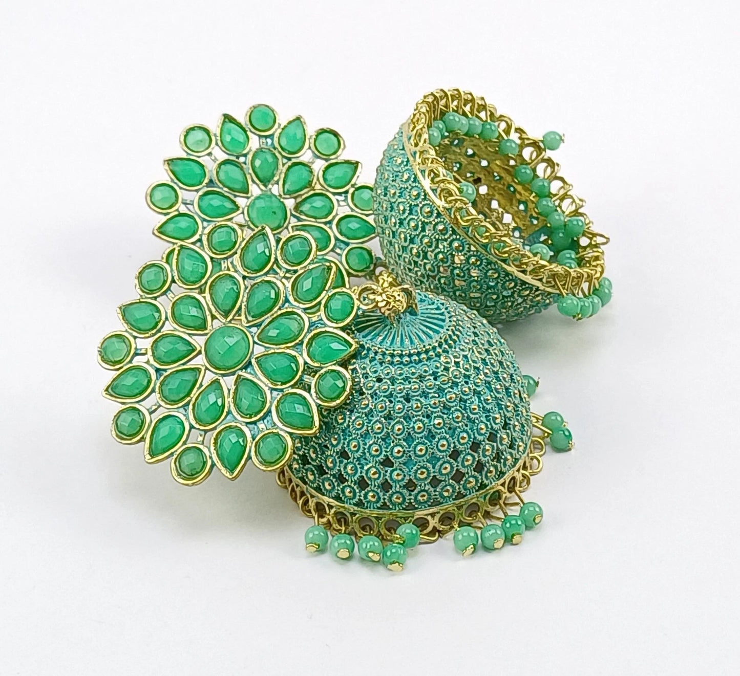 Vintage Gold-Plated Sea Green Ethnic Earrings