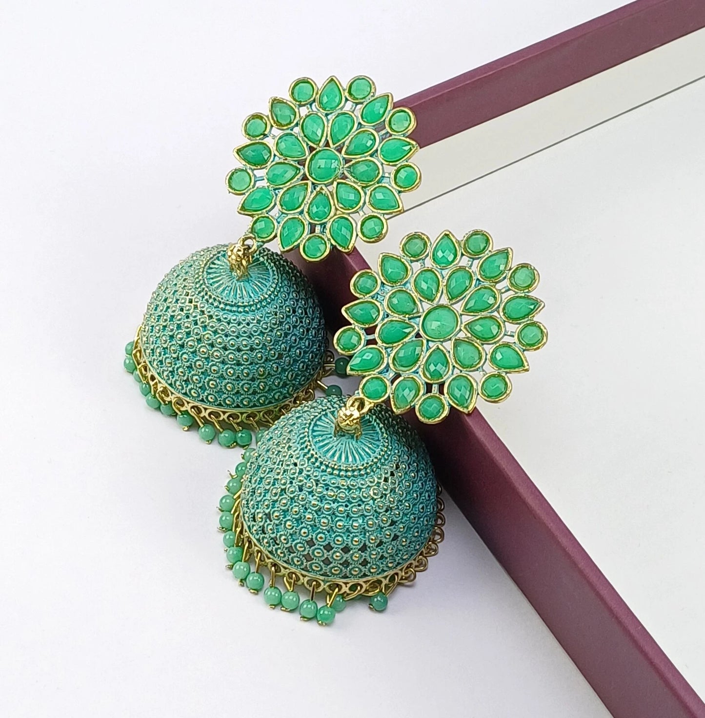 Vintage Gold-Plated Sea Green Ethnic Earrings